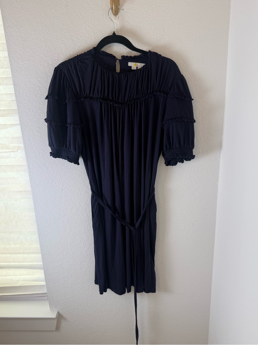 Boden Navy Smocked Midi Dress with Tie Waist size 12L